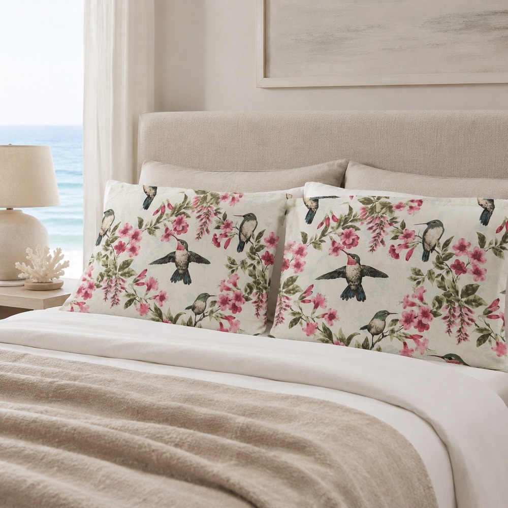King Pillowcase Set Hummingbird Floral Pink Green Botanical Bird Print 2pc